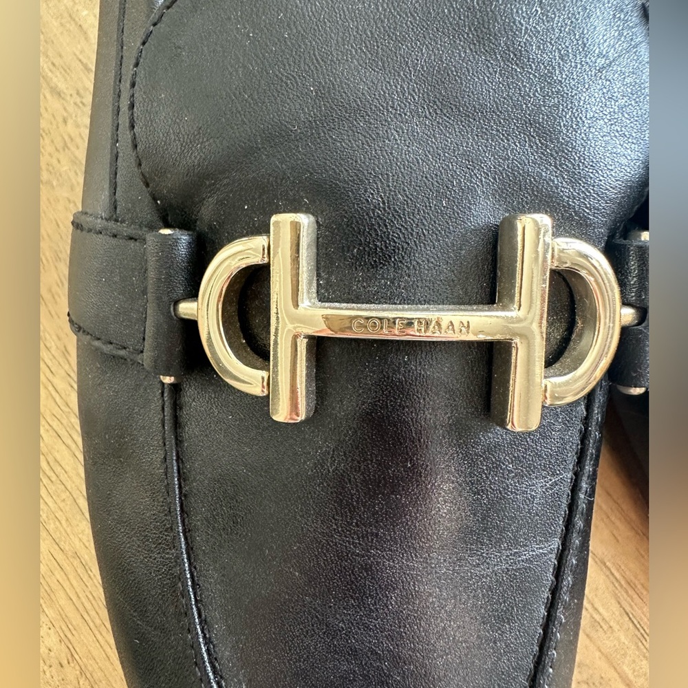 Cole Haan Black Leather Loafers with Gold Buckle - Picture 2 of 3